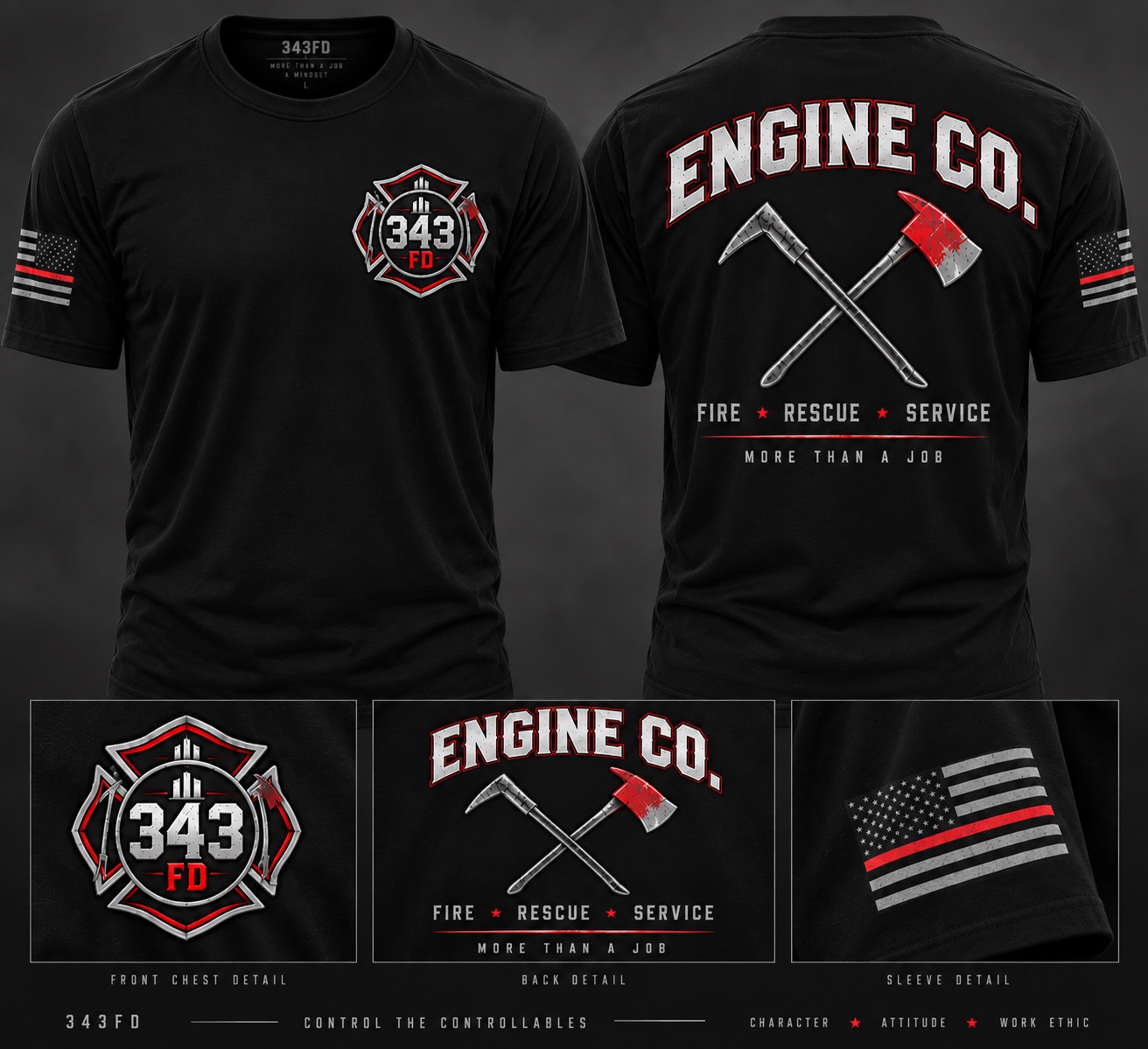 Black Engine Co. short sleeve tee mockup showing front chest emblem, crossed tools back design and sleeve details