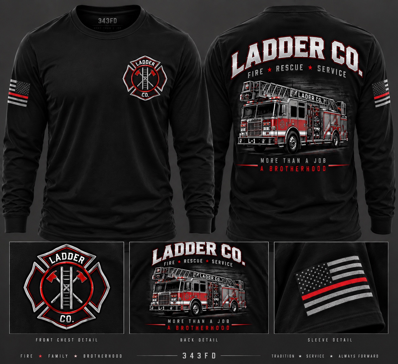 Black Ladder Co. long sleeve tee mockup showing front emblem, ladder truck back design and sleeve detail
