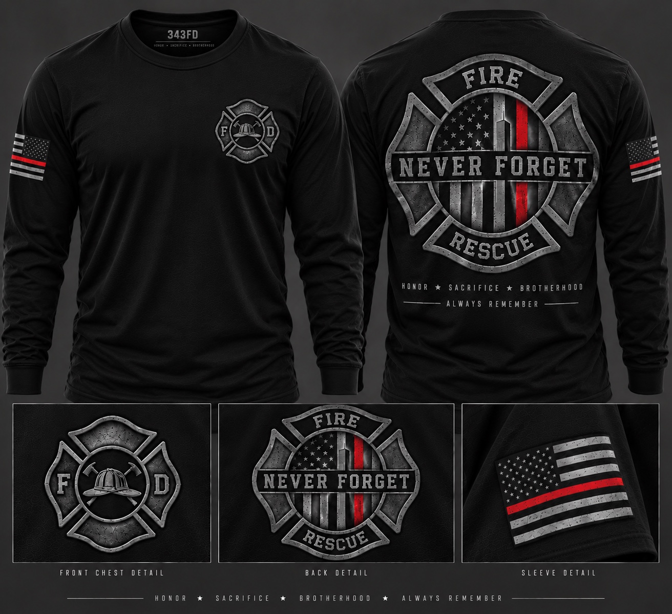 Black Never Forget long sleeve tee mockup showing front fire emblem, memorial back design and sleeve flag