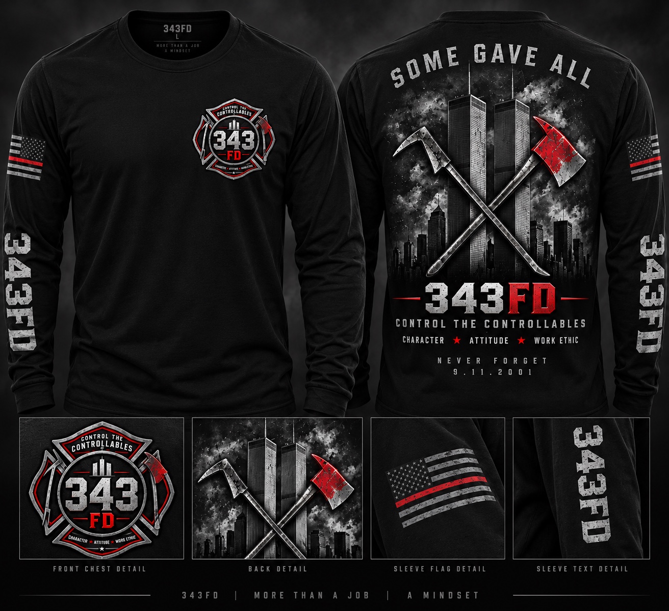 Black long sleeve tee mockup showing front chest emblem, memorial back design and sleeve details
