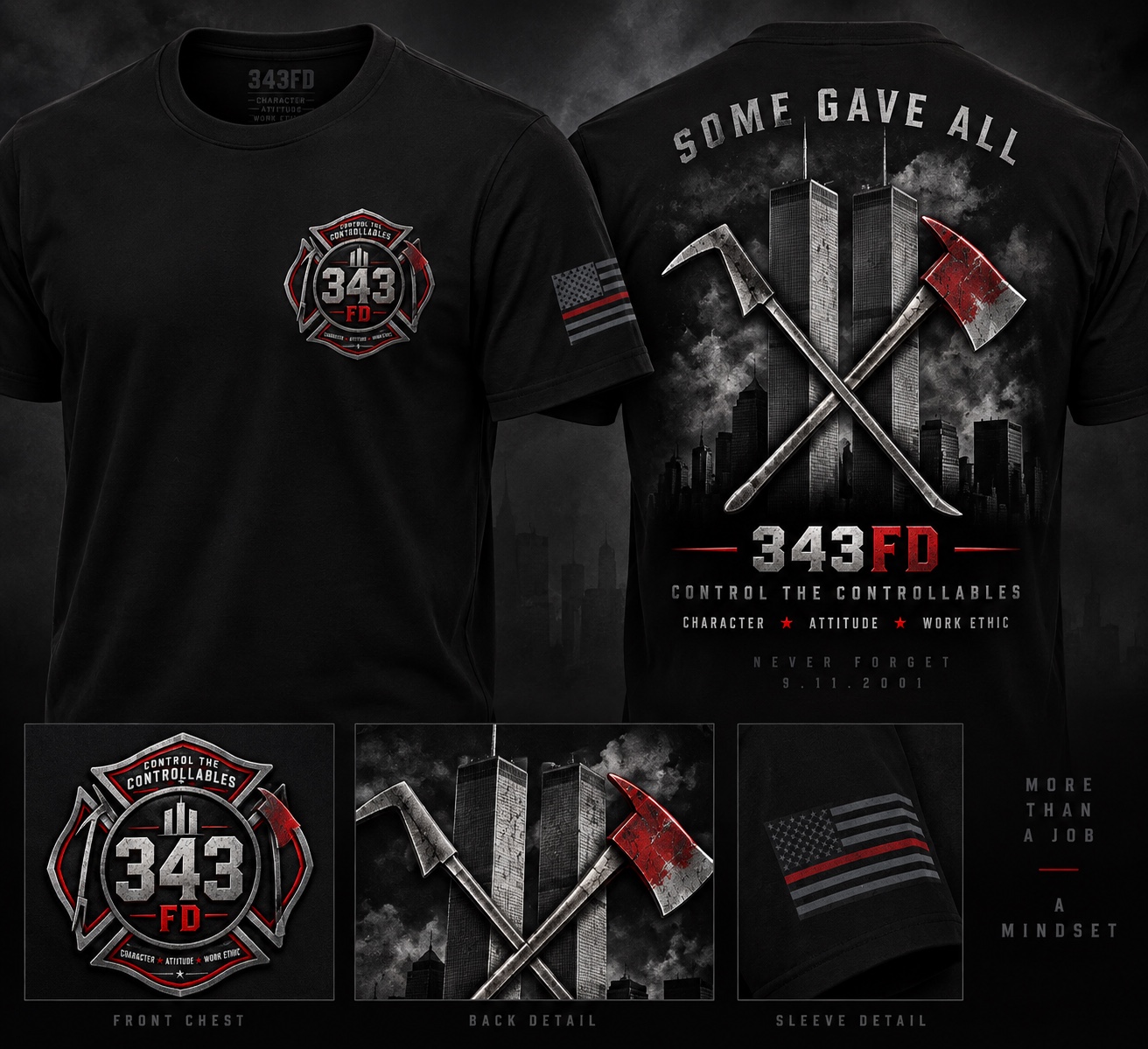Black short sleeve tee mockup showing front chest emblem, memorial back design and sleeve details